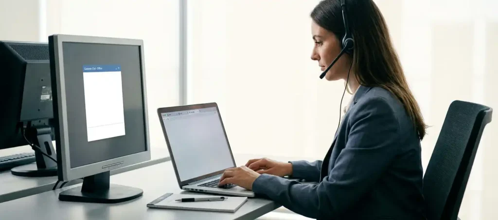 Klantenservicemedewerker met headset typt op laptop aan modern bureau, verouderd chatvenster zichtbaar op tweede scherm.