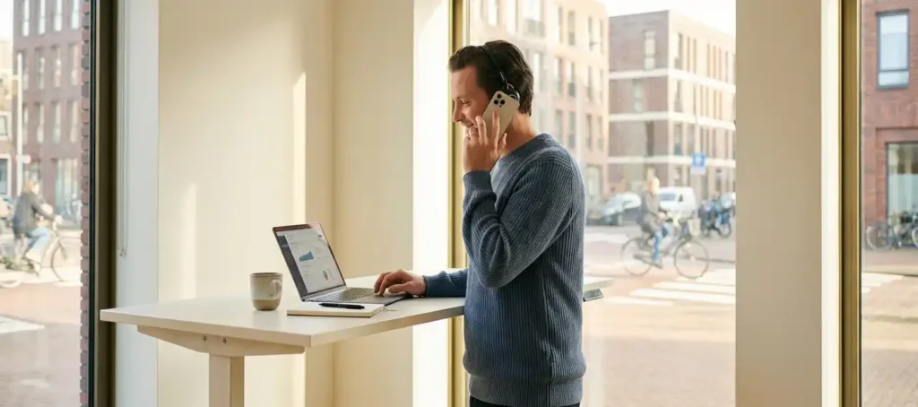 Klantenservicemedewerker aan staand bureau met laptop, smartphone en headset in licht Nederlands kantoor.