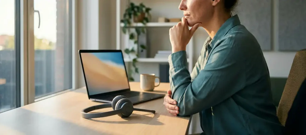 Klantenservicemedewerker in gedachten verzonken aan modern bureau met headset en laptop in warm natuurlijk licht.