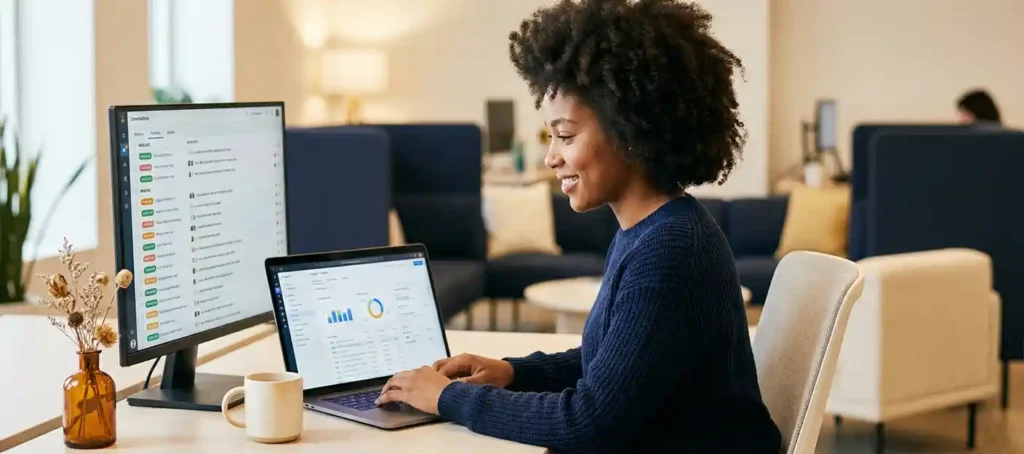 Klantenservicemedewerker bekijkt opgeloste supporttickets op laptop aan modern bureau in rustige kantooromgeving.
