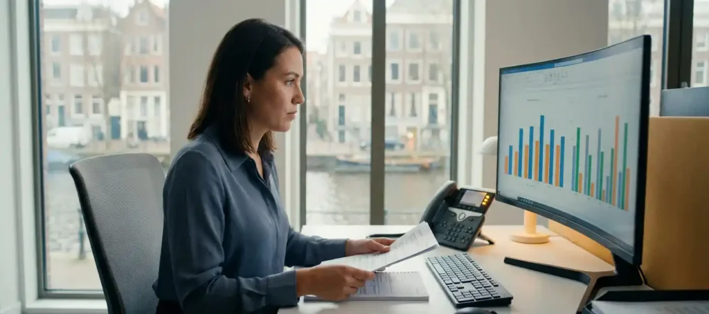 A customer service representative reviews a printed ticket log at a modern desk equipped with a monitor displaying response time charts.
