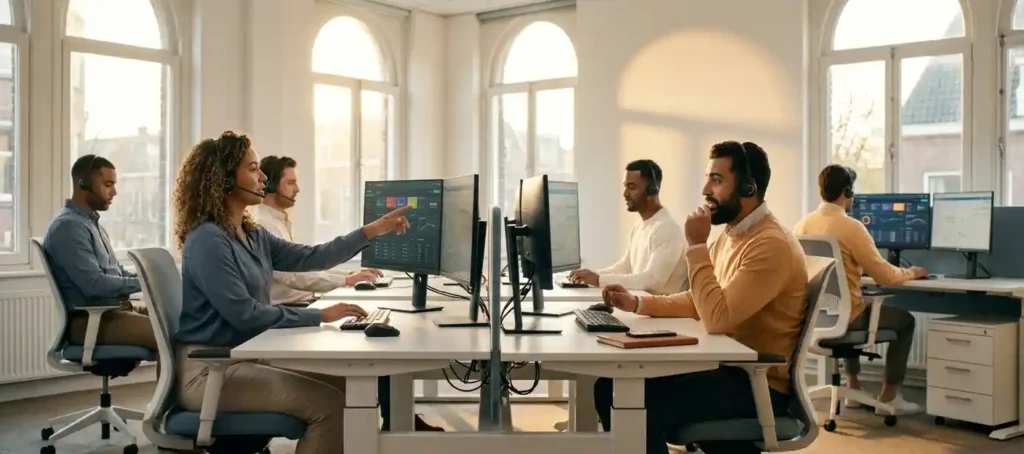 Klantenserviceteam met headsets achter moderne werkstations in open kantoor met live dashboards op meerdere schermen.