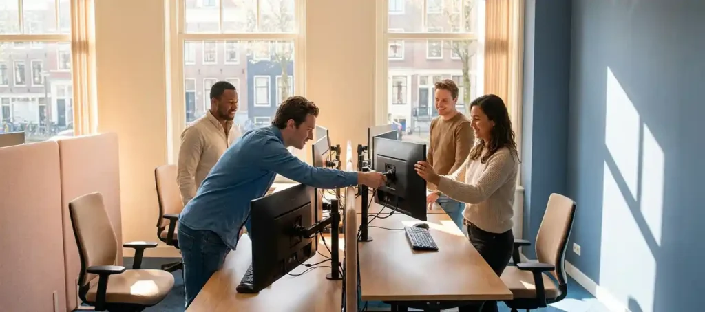 Klantenserviceteam in modern Nederlands kantoor voegt extra monitor toe aan groeiende werkplek, omringd door communicatieschermen in warm daglicht.