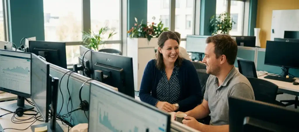 Teamleider klantenservice geeft bemoedigende feedback aan collega in modern open kantoor met headsets en meerdere schermen.