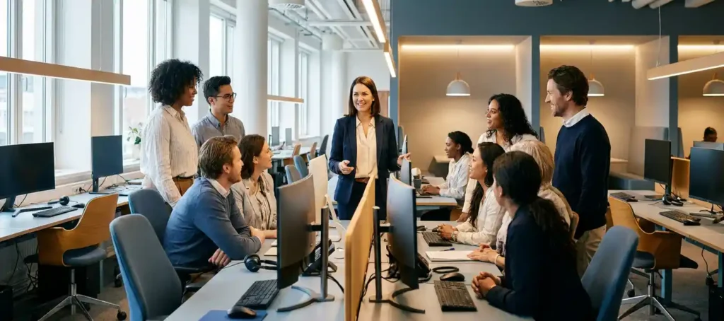 Teamleider klantenservice in modern open kantoor, omringd door collega's van verschillende afdelingen in een warme, samenwerkingsgerichte sfeer.
