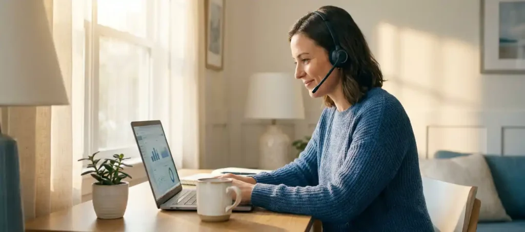 Klantenservicemedewerker met headset werkt vanuit licht thuiskantoor, laptop open, koffiemok op opgeruimd bureau, warm ochtendlicht.