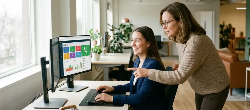 Nieuwe klantenservicemedewerker aan modern werkstation terwijl ervaren collega dual-monitor call dashboard toelicht in open kantooromgeving.