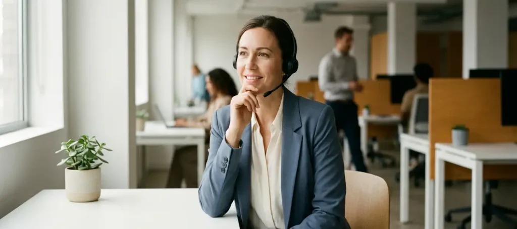 A professional woman speaks into a headset at a modern desk in an open-plan office with soft, natural lighting.