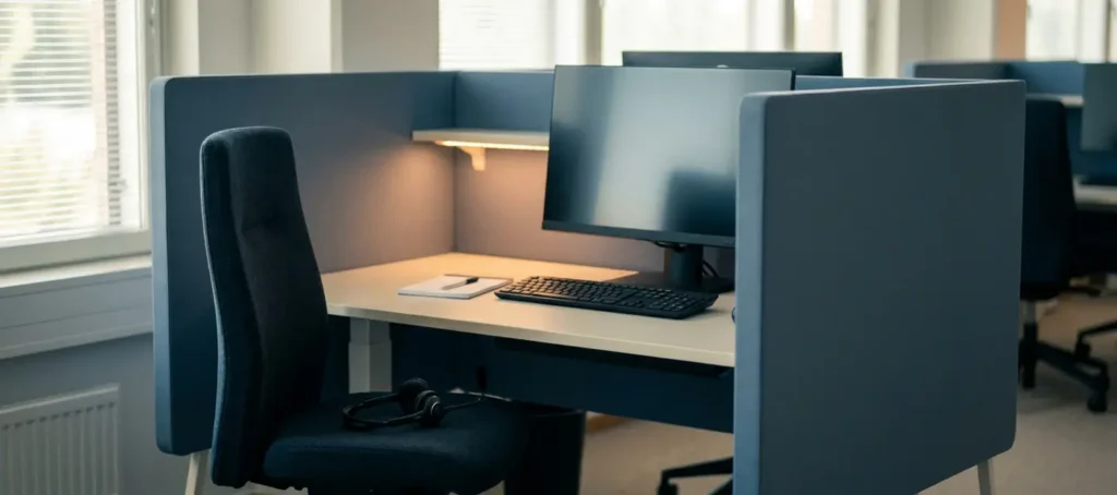Leeg klantenservice-werkstation met headset op ergonomische stoel, donker beeldscherm en opgeruimd bureau in modern kantoor.