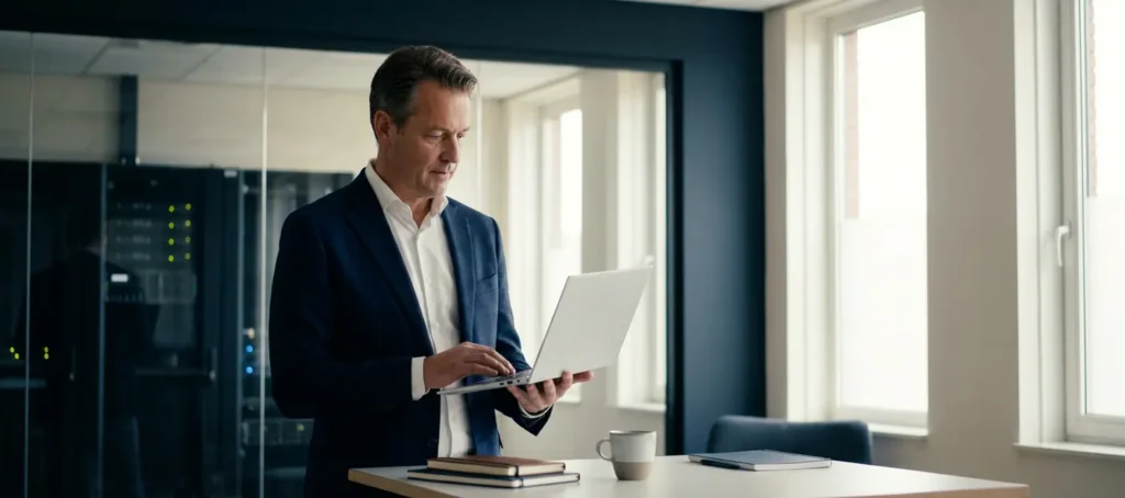 Professional in modern Nederlands kantoor met laptop, serverrack met klantgegevens zichtbaar achter glazen wand, georganiseerde werkruimte.