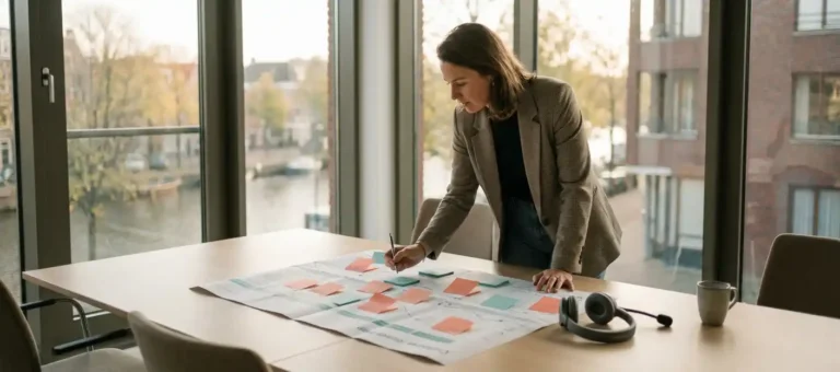 A customer service representative is studying a customer journey map marked with coral and green sticky notes on a conference table, with a headset next to it.