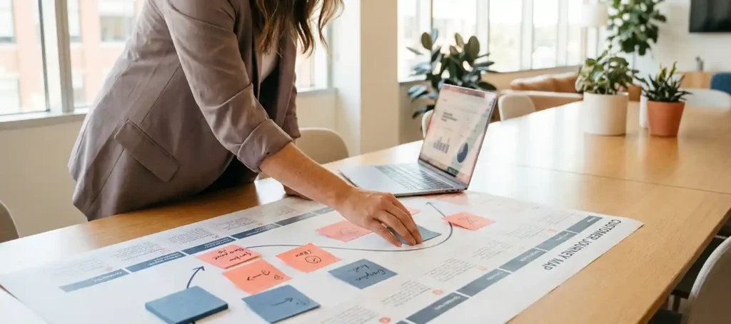 A woman points out touchpoints on a printed customer journey map with colorful sticky notes on a conference table.