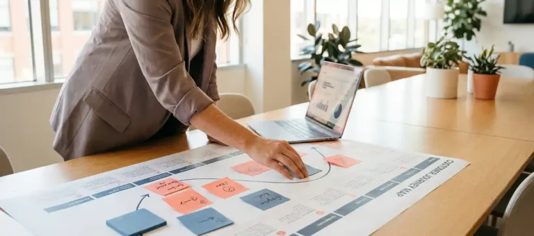A woman points out touchpoints on a printed customer journey map with colorful sticky notes on a conference table.