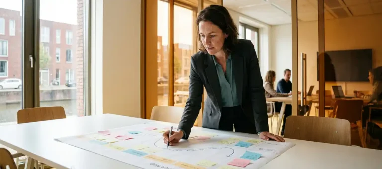Woman points out touchpoints on a customer journey map with colored sticky notes in modern Dutch office with natural light.