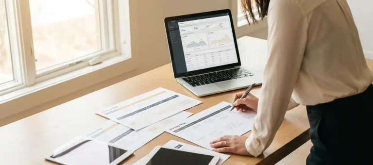 A customer service representative annotates journey map touchpoints at their desk while a laptop displays customer interaction data.