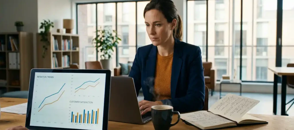 A professional analyzes a customer retention dashboard on a laptop while sipping coffee and taking notes in a modern Dutch office.