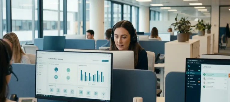 A customer service representative wearing a headset looks at a satisfaction survey dashboard on a monitor in a modern open-concept office with natural light.