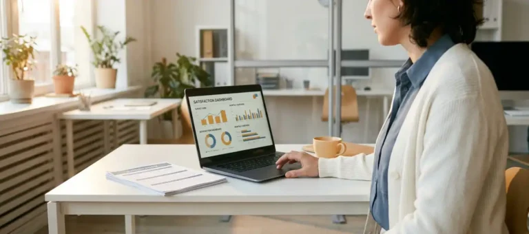 A customer service representative analyzes a satisfaction dashboard on a laptop, with survey forms and a cup of coffee on a modern white desk.