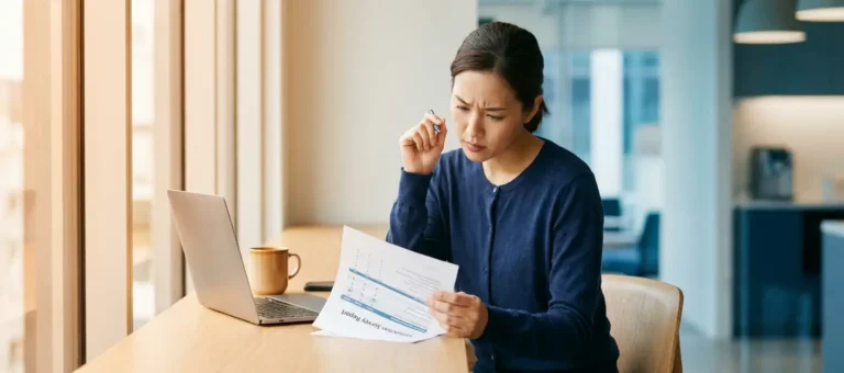 A customer service representative analyzes a satisfaction survey at a modern desk with a laptop and a coffee mug, bathed in warm, natural office light.