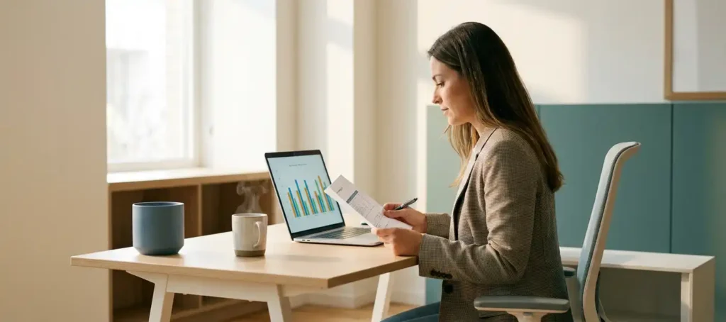 Klantenservicemedewerker bekijkt tevredenheidsonderzoek aan modern bureau met laptop met staafdiagrammen en dampende koffie.