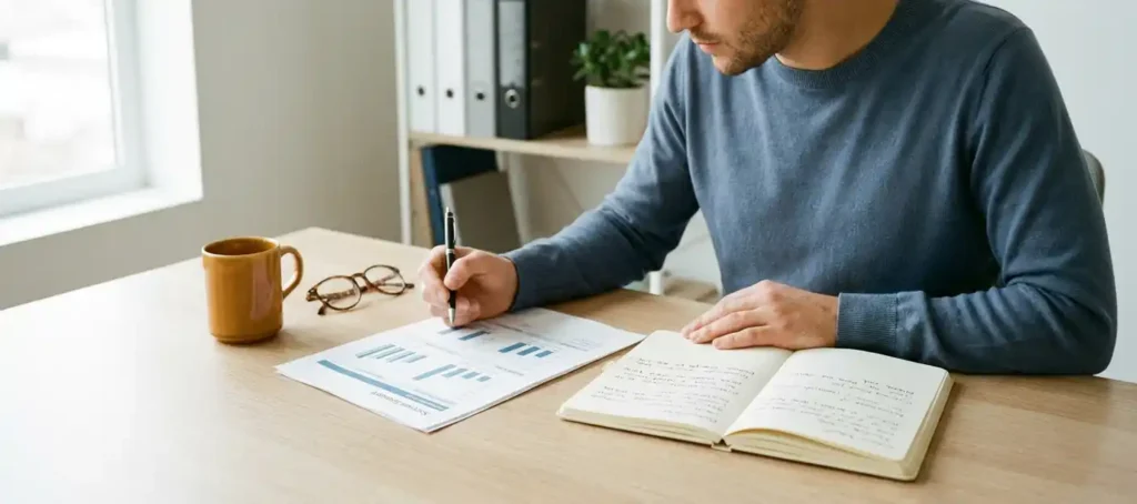 A customer service representative reviews survey results next to a notebook containing customer feedback at a modern desk.