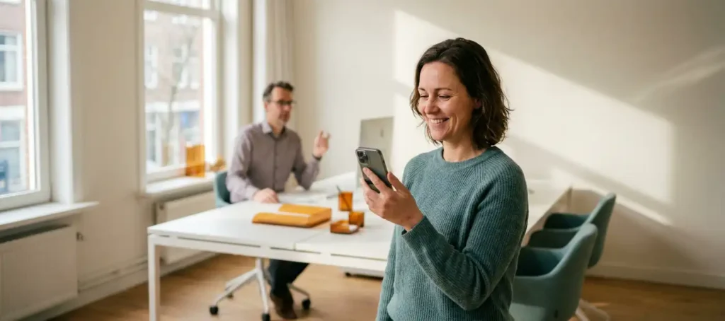 Tevreden klant met smartphone in modern kantoor, supportmedewerker zichtbaar op achtergrond in professionele B2B-omgeving.