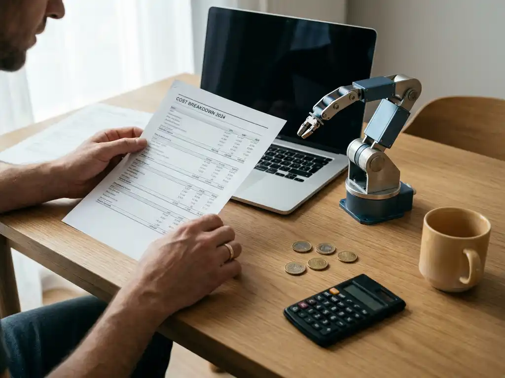 Ondernemer bestudeert kostenanalyse voor robotarm-investering aan modern bureau met laptop, euromunten en rekenmachine.