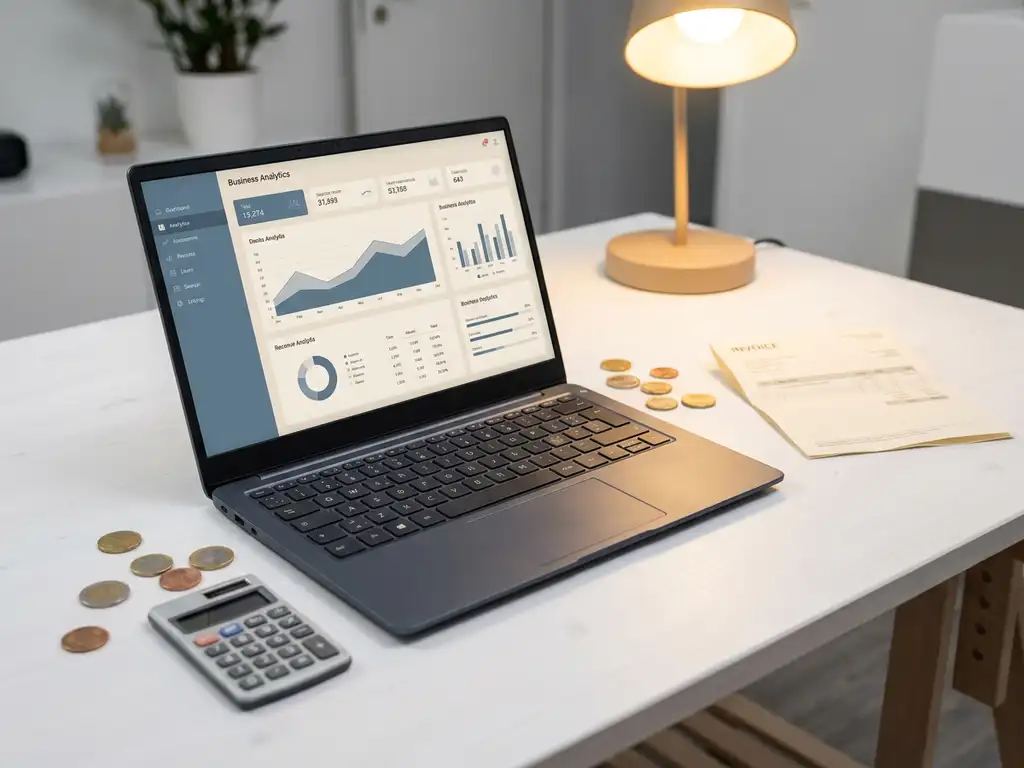 Laptop met multichannel dashboard op minimalistisch bureau, omringd door euromunten, rekenmachine en factuur voor kostenevaluatie.