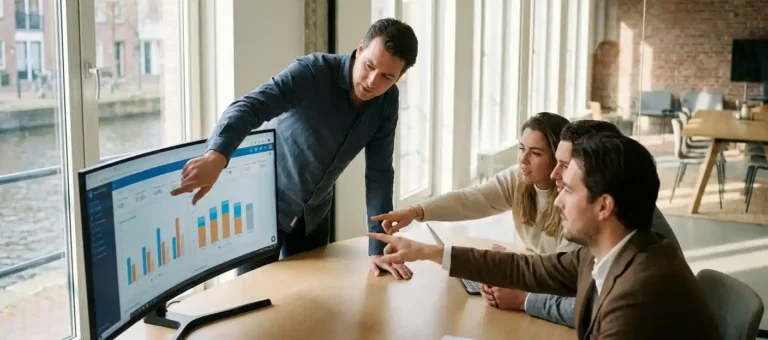 A professional points to a KPI dashboard on a large screen, while colleagues discuss matters around a conference table in a modern Dutch office flooded with natural light.