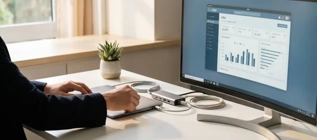 Handen die een laptop verbinden met een CRM-dashboard op een tweede monitor, netjes gerangschikte kabels op wit bureau met kleine plant.