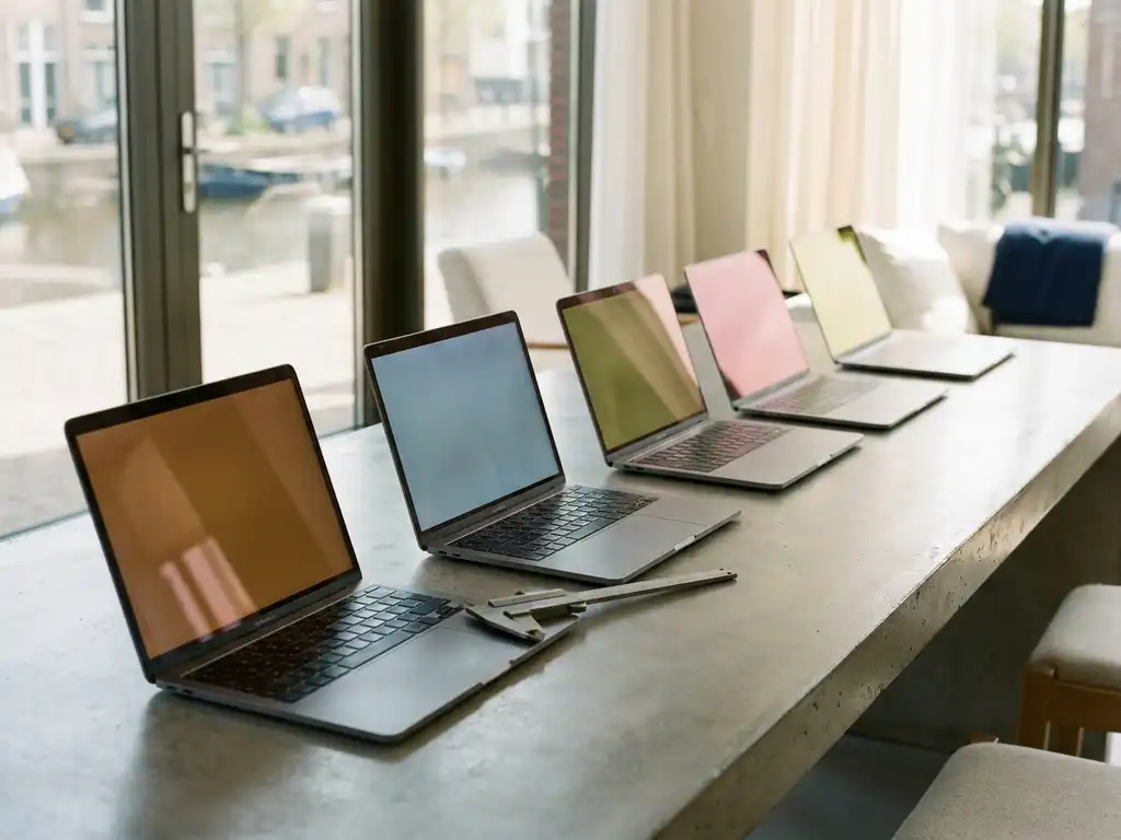 Rij open laptops op betonnen bureau met schuifmaat dwars over toetsenborden, kantooromgeving met vloer-tot-plafond ramen.