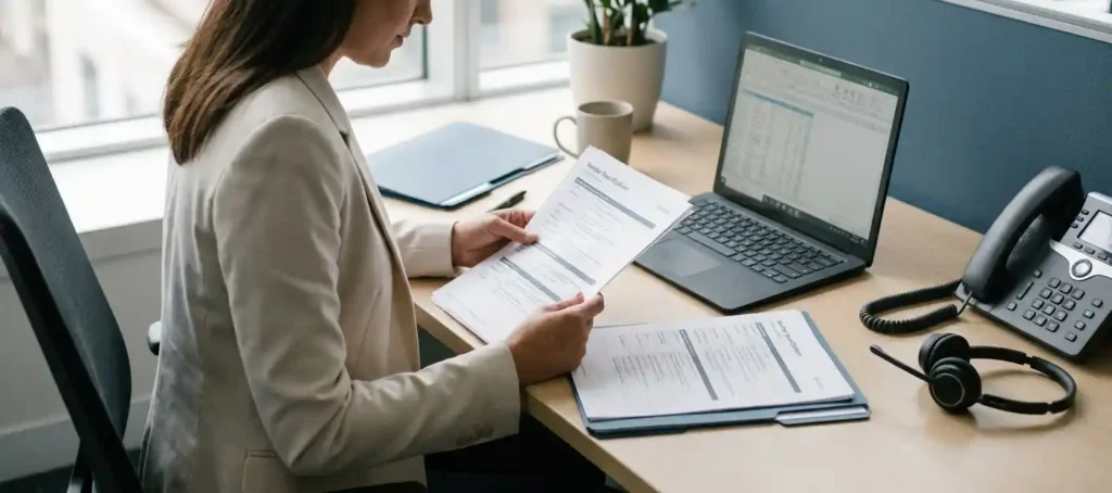 Professional vergelijkt uitgeprinte specificatiebladen van leveranciers aan modern bureau met laptop, telefoon en headset in warm kantoorlicht.