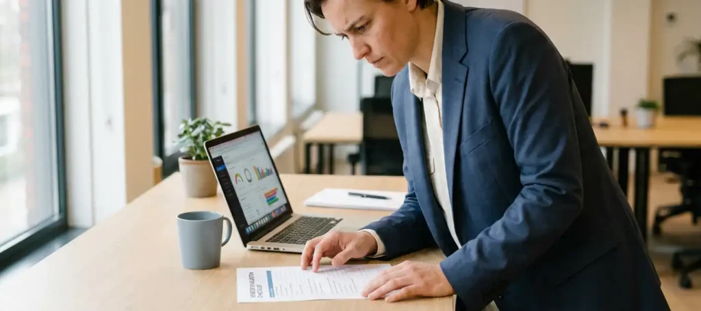 Professional in modern kantoor bestudeert leveranciersevaluatie checklist naast open laptop met dashboard, natuurlijk zijlicht.