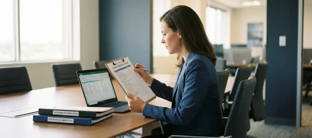 Procurement professional beoordeelt leveranciersvergelijking op klembord aan vergadertafel met laptop en softwaredocumentatie.
