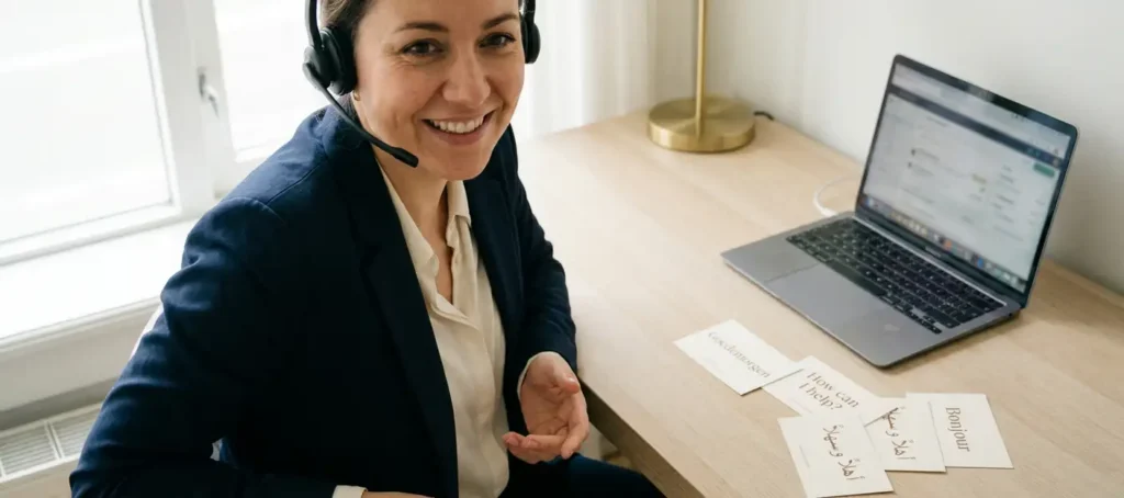 Meertalige klantenservicemedewerker met headset aan modern bureau met gesprekskaarten in het Nederlands, Engels, Arabisch en Frans.