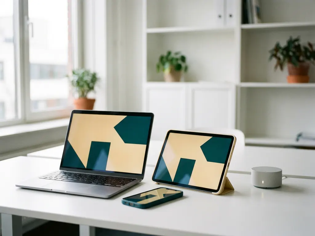Bureau met laptop, tablet en smartphone waarop dezelfde merkvisuele content wordt getoond, verbonden via een draadloze router in een modern kantoor.