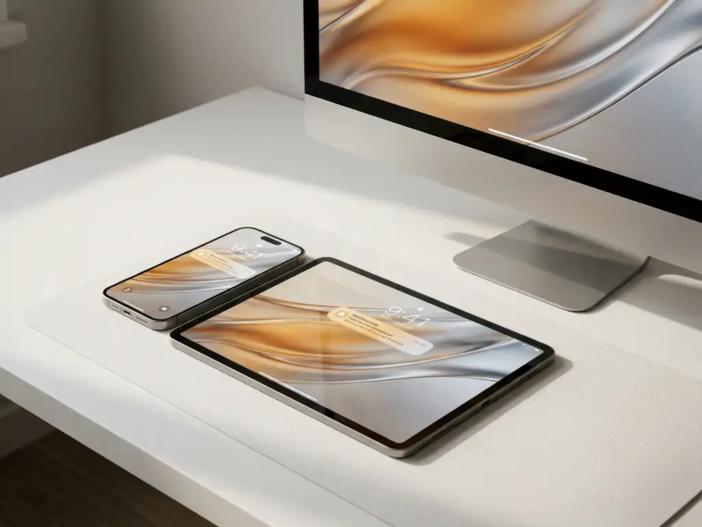 Smartphone, tablet en desktopmonitor op wit bureau tonen dezelfde interface met gesynchroniseerde melding in zilver- en ambertinten.