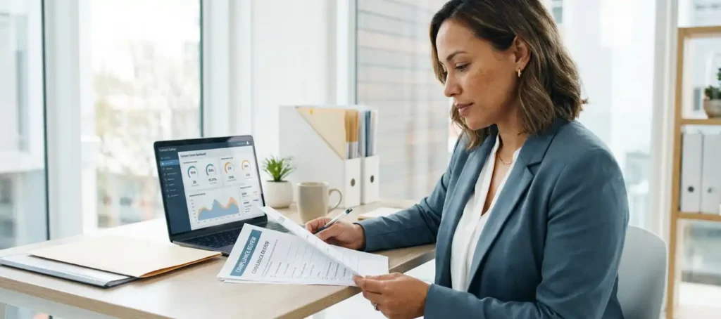 A woman in business attire reviews a compliance checklist at a modern desk with her laptop open, displaying a contact center dashboard.