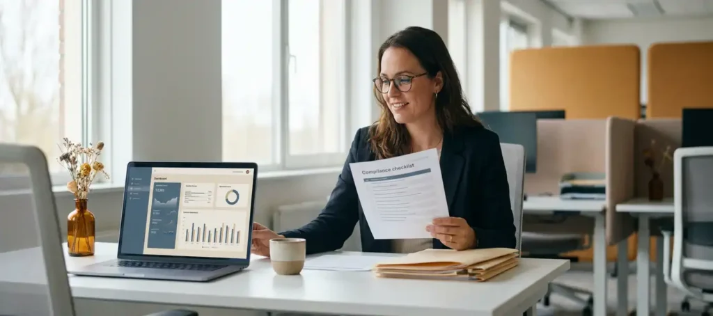 A contact center agent reviews a compliance checklist at a modern desk with a laptop, organized paperwork, and coffee in a Dutch office.