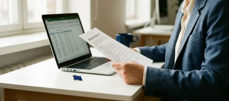 A professional in a blazer looks at a printed compliance checklist on a white desk with a laptop and an EU flag pin, in natural side lighting.