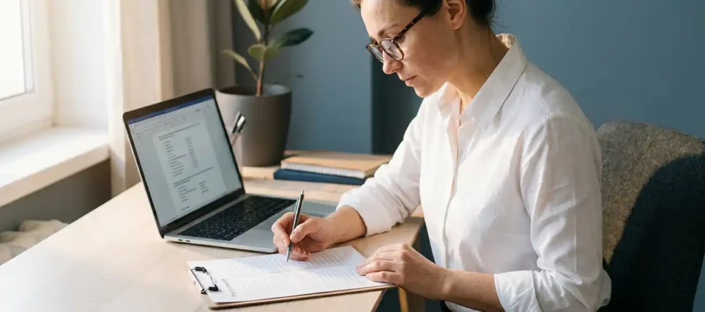 A professional in a white shirt is reviewing a compliance checklist on a desk next to an open laptop, bathed in warm, natural light.
