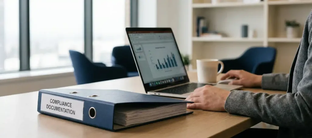 A compliance folder and laptop on a modern office desk, with professional hands bathed in soft, natural daylight.
