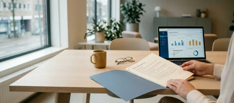 Hands flipping through a compliance document on a modern desk next to a laptop displaying a structured dashboard, with natural light streaming in through the window.