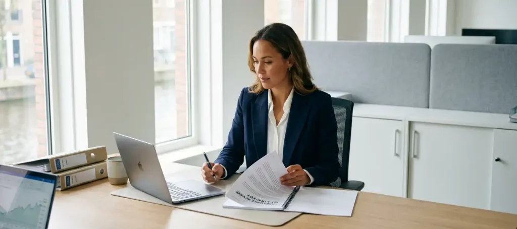 A professional in a blazer studies a compliance document at a modern desk with a laptop, in a bright Dutch office with large windows.