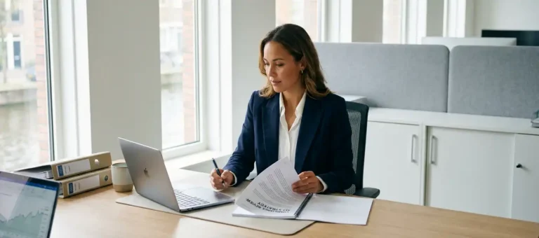 A professional in a blazer studies a compliance document at a modern desk with a laptop, in a bright Dutch office with large windows.