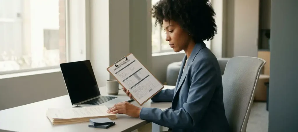 A professional in a blazer studies a compliance document on a clipboard next to a laptop on a modern desk, bathed in soft, natural light.