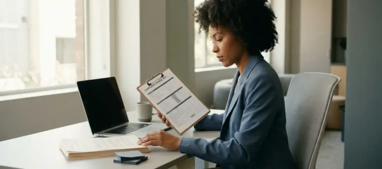 A professional in a blazer studies a compliance document on a clipboard next to a laptop on a modern desk, bathed in soft, natural light.