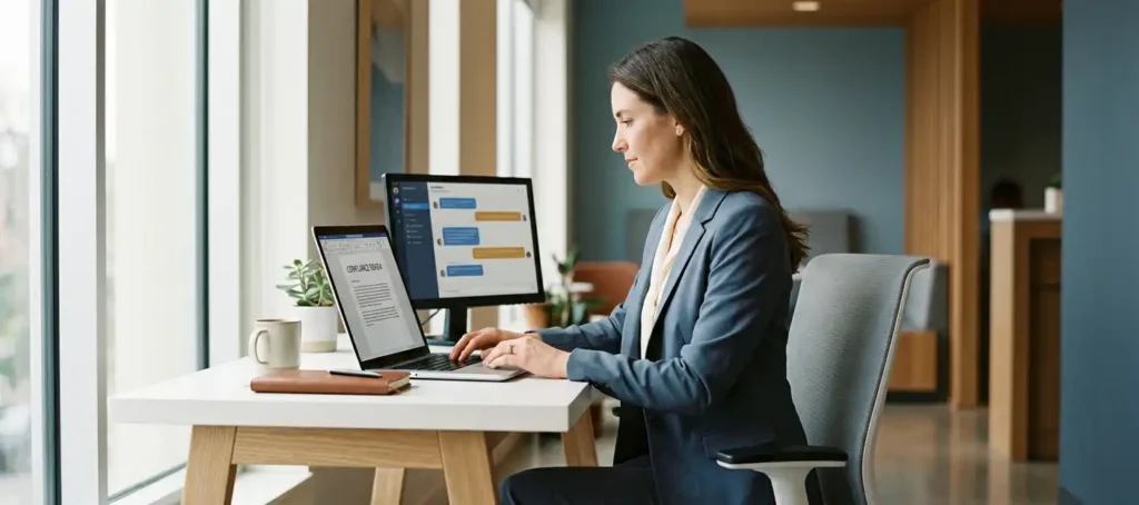 A professional in a blazer reviews a compliance document on a laptop at a modern desk, with an AI chat interface visible on a second screen.
