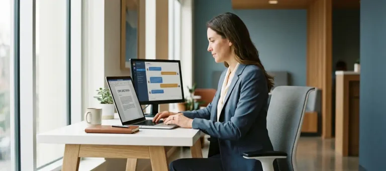 A professional in a blazer reviews a compliance document on a laptop at a modern desk, with an AI chat interface visible on a second screen.