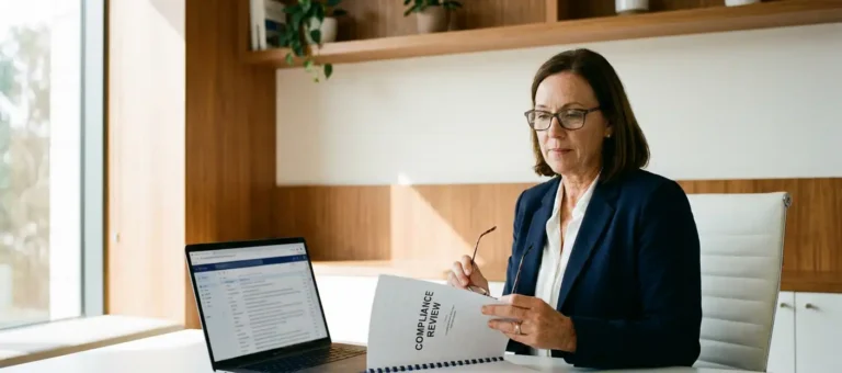 A woman studies a compliance document at a modern desk with a laptop and email interface, bathed in warm, natural light.